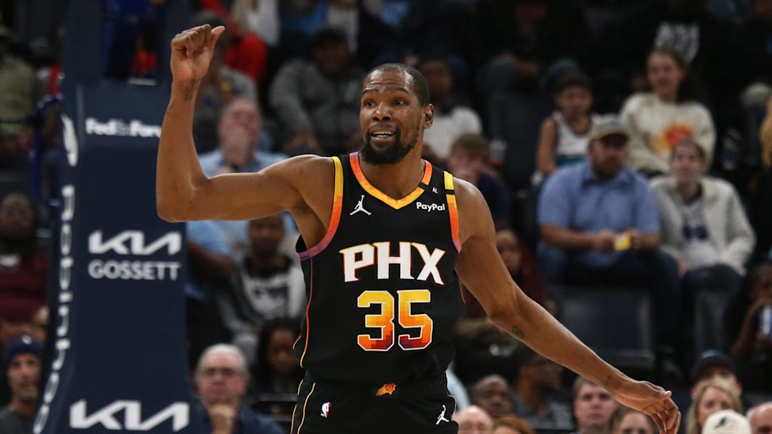Mar 10, 2025; Memphis, Tennessee, USA; Phoenix Suns forward Kevin Durant (35) reacts during the fourth quarter against the Memphis Grizzlies at FedExForum. Mandatory Credit: Petre Thomas-Imagn Images