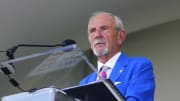 Jul 21, 2024; Cooperstown, New York, USA; Hall of Fame Inductee Jim Leyland shows emotion as he makes his Baseball Hall of Fame acceptance speech during the National Baseball Hall of Fame Induction Ceremony in Cooperstown, NY. 