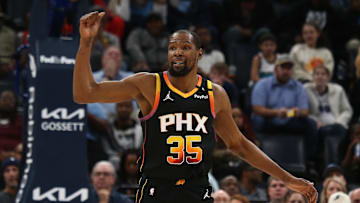 Mar 10, 2025; Memphis, Tennessee, USA; Phoenix Suns forward Kevin Durant (35) reacts during the fourth quarter against the Memphis Grizzlies at FedExForum. Mandatory Credit: Petre Thomas-Imagn Images