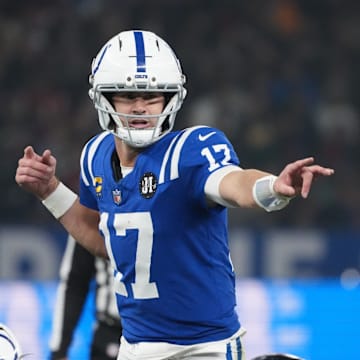 Nov 9, 2025; Berlin, Germany; Indianapolis Colts quarterback Daniel Jones (17) gestures before a snap against the Atlanta Falcons during the NFL Berlin Game at Olympic Stadium. 