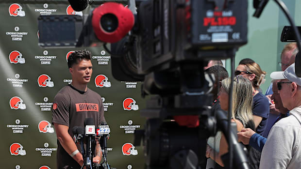 Cleveland Browns quarterback Dillon Gabriel (5) takes questions during a press conference before day two of NFL rookie minica