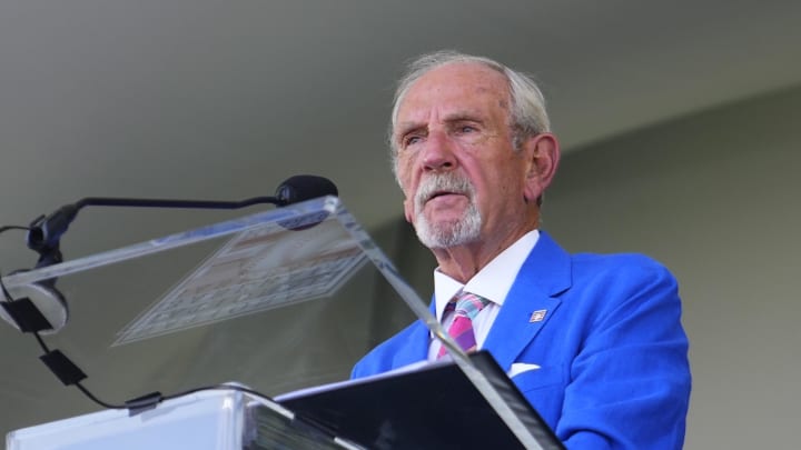 Jul 21, 2024; Cooperstown, New York, USA; Hall of Fame Inductee Jim Leyland shows emotion as he makes his Baseball Hall of Fame acceptance speech during the National Baseball Hall of Fame Induction Ceremony in Cooperstown, NY. 