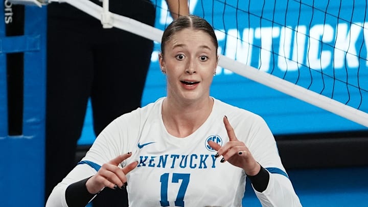 Kentucky's Brooklyn DeLeye (17) celebrated a point against Cleveland State with teammate Emma Grome (4) during the NCAA Women's Volleyball Tournament at Memorial Coliseum in Lexington, Ky. on Dec. 5, 2024.