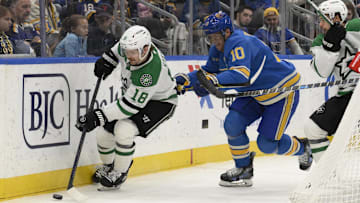 Jan 25, 2025; St. Louis, Missouri, USA; Dallas Stars center Sam Steel (18) controls the puck against St. Louis Blues center Brayden Schenn (10) during the first period at Enterprise Center. Mandatory Credit: Jeff Le-Imagn Images