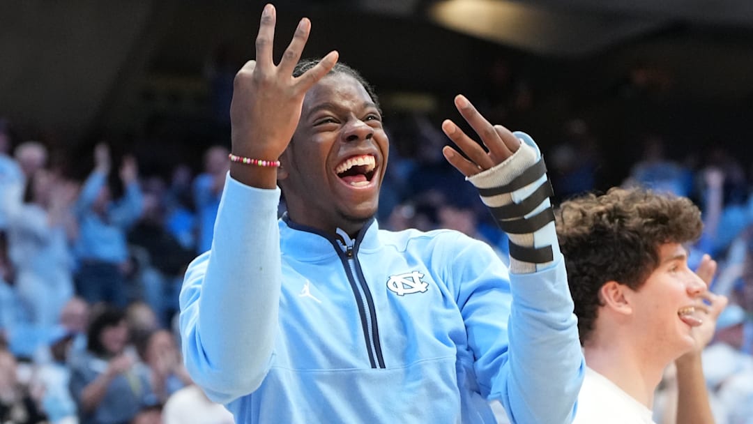 Feb 23, 2026; Chapel Hill, North Carolina, USA; North Carolina Tar Heels forward Caleb Wilson (8) reacts after a three point shot in the second half at Dean E. Smith Center. Mandatory Credit: Bob Donnan-Imagn Images