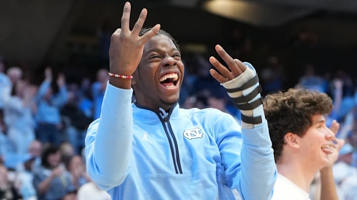 Feb 23, 2026; Chapel Hill, North Carolina, USA; North Carolina Tar Heels forward Caleb Wilson (8) reacts after a three point shot in the second half at Dean E. Smith Center. Mandatory Credit: Bob Donnan-Imagn Images
