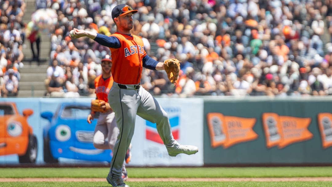 Jun 12, 2024; San Francisco, California, USA;  Houston Astros third base Alex Bregman (2) makes a play to first during the third inning against the San Francisco Giants at Oracle Park.