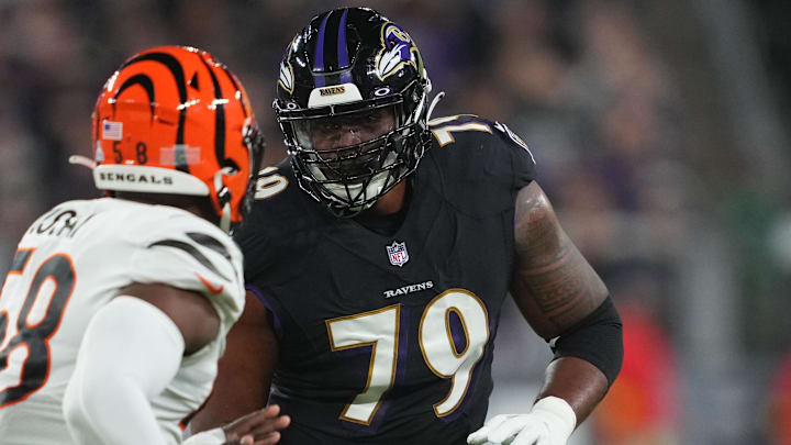 Oct 9, 2022; Baltimore, Maryland, USA; Baltimore Ravens tackle Ronnie Stanley (79) blocks in the first quarter against the Cincinnati Bengals at M&T Bank Stadium. Mandatory Credit: Mitch Stringer-Imagn Images