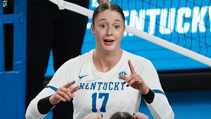 Kentucky's Brooklyn DeLeye (17) celebrated a point against Cleveland State with teammate Emma Grome (4) during the NCAA Women's Volleyball Tournament at Memorial Coliseum in Lexington, Ky. on Dec. 5, 2024.