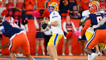 Oct 18, 2025; Syracuse, New York, USA; Pittsburgh Panthers quarterback Mason Heintschel (6) drops back to pass against the Syracuse Orange during the first half at the JMA Wireless Dome. Mandatory Credit: Rich Barnes-Imagn Images