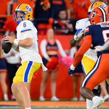 Oct 18, 2025; Syracuse, New York, USA; Pittsburgh Panthers quarterback Mason Heintschel (6) drops back to pass against the Syracuse Orange during the first half at the JMA Wireless Dome. Mandatory Credit: Rich Barnes-Imagn Images