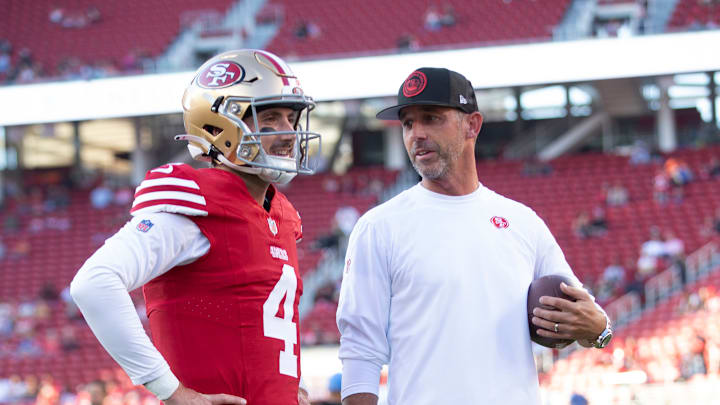 San Francisco 49ers quarterback Brandon Allen (L) and head coach Kyle Shanahan (R)