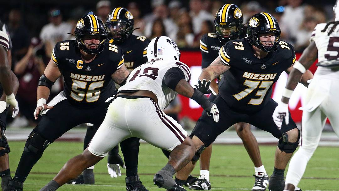 Sep 26, 2026; Starkville, Mississippi, USA; Missouri Tigers offensive linemen Dominick Giudice (56) and Tristan Wilson (73) block during the third quarter against the Mississippi State Bulldogs at Davis Wade Stadium at Scott Field. Mandatory Credit: Petre Thomas-Imagn Images Sep 26, 2026; Starkville, Mississippi, USA; Missouri Tigers offensive linemen Dominick Giudice (56) and Tristan Wilson (73) block during the third quarter against the Mississippi State Bulldogs at Davis Wade Stadium at Scott Field. Mandatory Credit: Petre Thomas-Imagn Images
