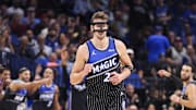 Dec 3, 2025; Orlando, Florida, USA; Orlando Magic forward Franz Wagner (22) reacts after a basket against the San Antonio Spurs in the first quarter at Kia Center. Mandatory Credit: Nathan Ray Seebeck-Imagn Images