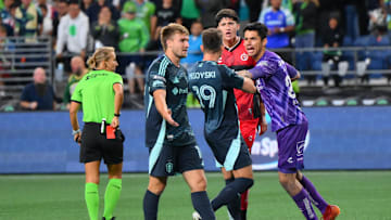 Aug 6, 2025; Seattle, WA, USA; Tijuana goalkeeper Jorge Hernandez (29) shoves Seattle Sounders FC forward Daniel Musovski (19) during the second half at Lumen Field. Mandatory Credit: Steven Bisig-Imagn Images