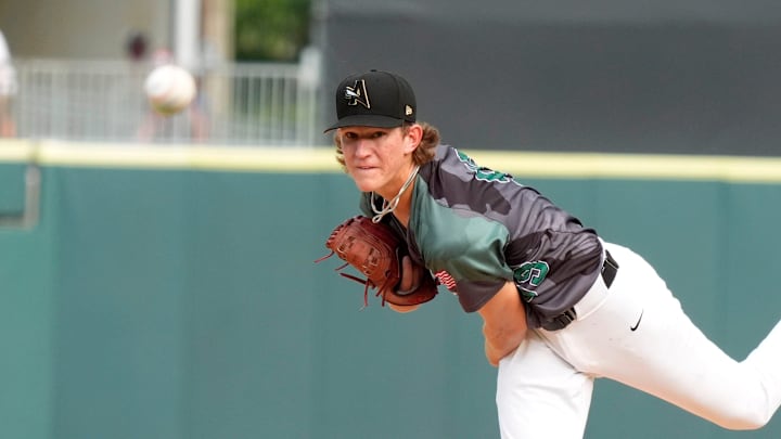 July 12, 2025; North Augusta, South Carolina, USA; GreenJacket pitcher Cam Caminiti (59) pitches during the 19th annual Military Appreciation game at SRP Park. The Augusta GreenJackets faced off against the Salem Red Sox. Salem won 9-2. Mandatory Credit: Katie Goodale - Augusta Chronicle/USA TODAY NETWORK