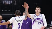 Oct 29, 2025; Salt Lake City, Utah, USA; Utah Jazz guard Keyonte George (3) and center Walker Kessler (24) react to a play against the Portland Trail Blazers during the first quarter at Delta Center. Mandatory Credit: Rob Gray-Imagn Images