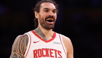 Houston Rockets center Steven Adams (12) reacts to a play during the third quarter against the Los Angeles Lakers at Crypto.com Arena.
