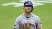 May 20, 2024; Cleveland, Ohio, USA; New York Mets first baseman Pete Alonso (20) reacts after striking out in the eighth inning against the Cleveland Guardians at Progressive Field. Mandatory Credit: David Richard-Imagn Images