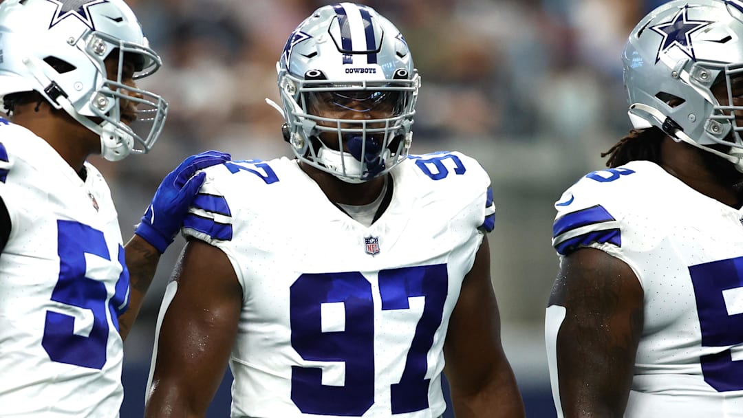 Aug 12, 2023; Arlington, Texas, USA;Dallas Cowboys defensive tackle Osa Odighizuwa (97) and defensive tackle Mazi Smith (58) on the field in the game against the Jacksonville Jaguars  at AT&T Stadium. Mandatory Credit: Tim Heitman-Imagn Images