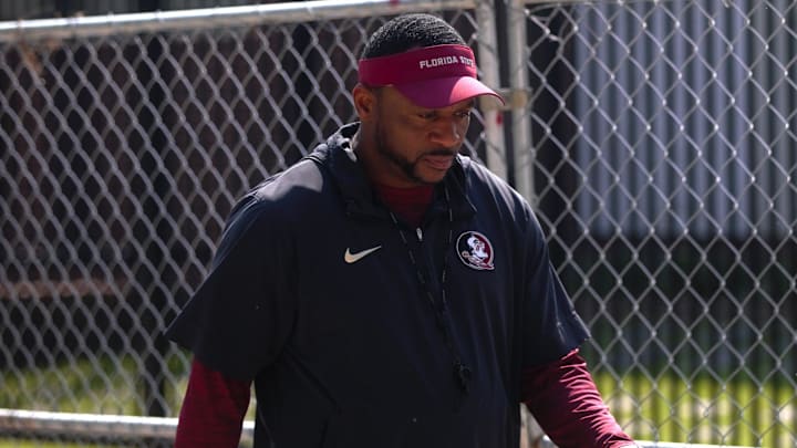 FSU football players walk into the first spring practice of the spring season on Wednesday, March 19, 2025
