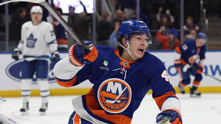 Jan 3, 2026; Elmont, New York, USA; New York Islanders defenseman Matthew Schaefer (48) celebrates after scoring the winning goal in overtime against the Toronto Maple Leafs at UBS Arena. Mandatory Credit: Thomas Salus-Imagn Images