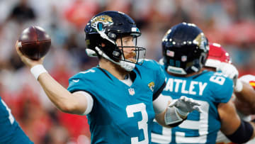 Aug 10, 2024; Jacksonville, Florida, USA; Jacksonville Jaguars quarterback C.J. Beathard (3) throws a pass during the second quarter against the Kansas City Chiefs at EverBank Stadium. Mandatory Credit: Douglas DeFelice-USA TODAY Sports