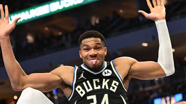 Nov 22, 2024; Milwaukee, Wisconsin, USA; Milwaukee Bucks forward Giannis Antetokounmpo (34) reacts after dunking a basket in the third quarter against the Indiana Pacers at Fiserv Forum. Mandatory Credit: Benny Sieu-Imagn Images
