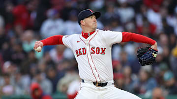 May 20, 2025; Boston, Massachusetts, USA; Boston Red Sox starting pitcher Walker Buehler (0) delivers a pitch during the second inning against the New York Mets at Fenway Park. Mandatory Credit: Paul Rutherford-Imagn Images
