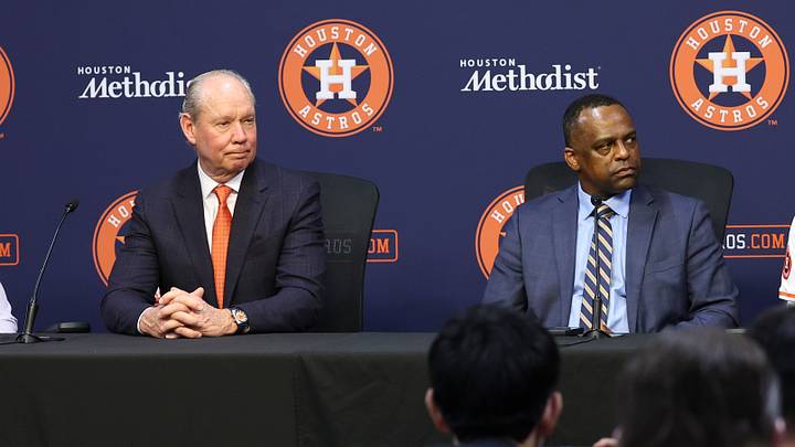 Jan 5, 2026; Houston, TX, USA; Japanese pitcher Tatsuya Imai talks during a press conference as Houston Astros manager Joe Espada (left) and owner Jim Crane (middle left) and general manager Dana Brown (middle right) listen at Daikin Park. Mandatory Credit: Troy Taormina-Imagn Images