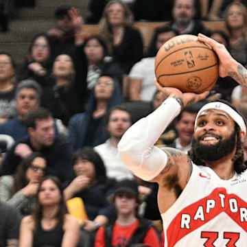 Toronto Raptors guard Gary Trent Jr. (33) shoots the ball against the Indiana Pacers in the first half at Scotiabank Arena.