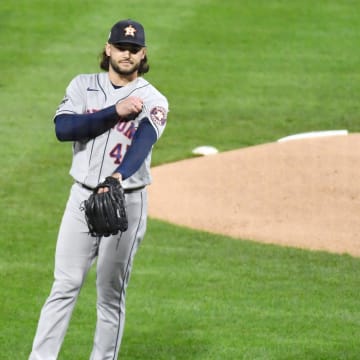 Nov 1, 2022; Philadelphia, PA, USA; Houston Astros starting pitcher Lance McCullers Jr. (43) reacts after conceding a two-run home run to Philadelphia Phillies designated hitter Bryce Harper (not pictured) during the first inning in game three of the 2022 World Series at Citizens Bank Park. 