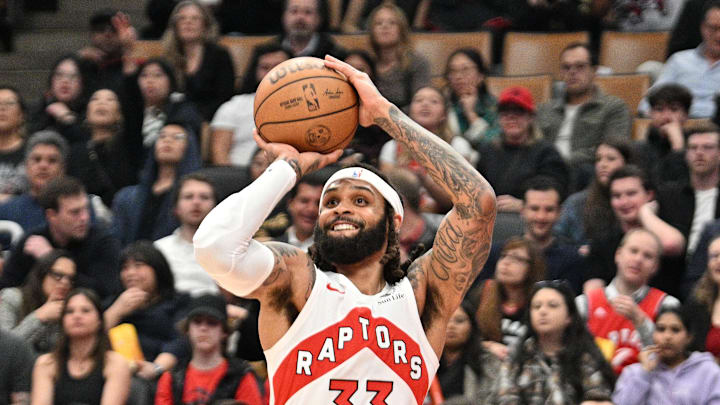 Toronto Raptors guard Gary Trent Jr. (33) shoots the ball against the Indiana Pacers in the first half at Scotiabank Arena.