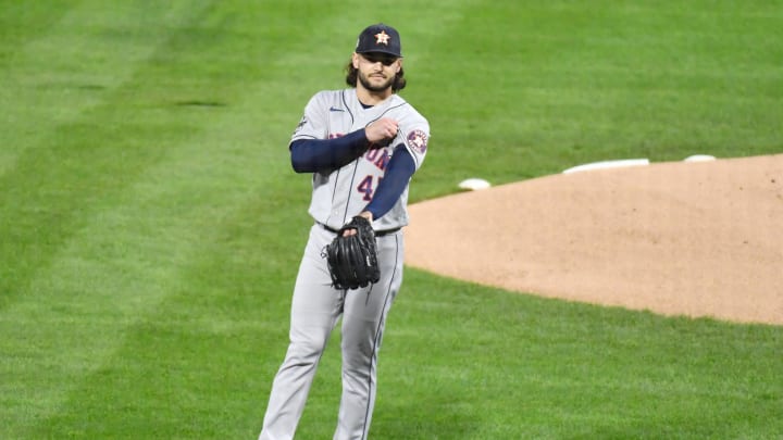 Nov 1, 2022; Philadelphia, PA, USA; Houston Astros starting pitcher Lance McCullers Jr. (43) reacts after conceding a two-run home run to Philadelphia Phillies designated hitter Bryce Harper (not pictured) during the first inning in game three of the 2022 World Series at Citizens Bank Park. 