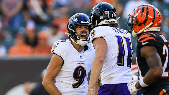 Oct 6, 2024; Cincinnati, Ohio, USA; Baltimore Ravens kicker Justin Tucker (9) reacts after the victory over the Cincinnati Bengals in overtime at Paycor Stadium. Mandatory Credit: Katie Stratman-Imagn Images