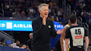 Oct 30, 2024; San Francisco, California, USA; Golden State Warriors head coach Steve Kerr encourages the team against the New Orleans Pelicans during the third quarter at Chase Center. Mandatory Credit: David Gonzales-Imagn Images