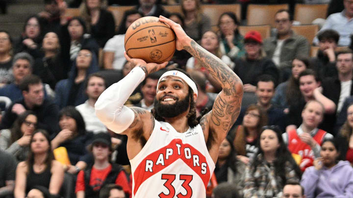 Apr 9, 2024; Toronto, Ontario, CAN;   Toronto Raptors guard Gary Trent Jr. (33) shoots the ball against the Indiana Pacers in the first half at Scotiabank Arena. Mandatory Credit: Dan Hamilton-USA TODAY Sports