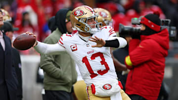 Nov 30, 2025; Cleveland, Ohio, USA;  San Francisco 49ers quarterback Brock Purdy (13) warms up before the game against the Cleveland Browns at Huntington Bank Field. Mandatory Credit: Scott Galvin-Imagn Images