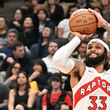 Apr 9, 2024; Toronto, Ontario, CAN;   Toronto Raptors guard Gary Trent Jr. (33) shoots the ball against the Indiana Pacers in the first half at Scotiabank Arena. Mandatory Credit: Dan Hamilton-USA TODAY Sports