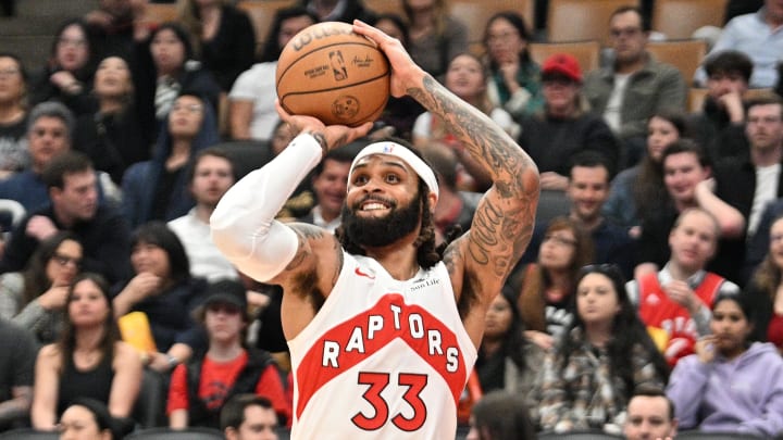 Toronto Raptors guard Gary Trent Jr. (33) shoots the ball against the Indiana Pacers in the first half at Scotiabank Arena. 