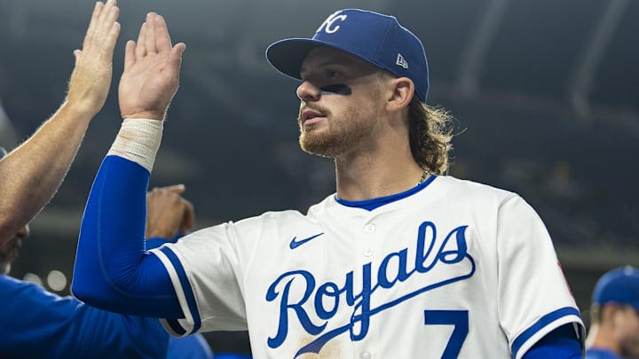 Sep 4, 2025; Kansas City, Missouri, USA; Kansas City Royals shortstop Bobby Witt Jr. (7) celebrates with teammates after defeating the Los Angeles Angels at Kauffman Stadium. Mandatory Credit: Jay Biggerstaff-Imagn Images