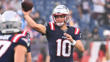 August 8, 2024; Foxborough, MA, USA;  New England Patriots quarterback Drake Maye (10) warms up before a game against the Carolina Panthers at Gillette Stadium. Mandatory Credit: Eric Canha-USA TODAY Sports