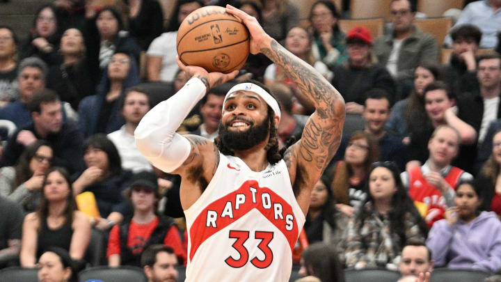 Apr 9, 2024; Toronto, Ontario, CAN;   Toronto Raptors guard Gary Trent Jr. (33) shoots the ball against the Indiana Pacers in the first half at Scotiabank Arena. Mandatory Credit: Dan Hamilton-USA TODAY Sports