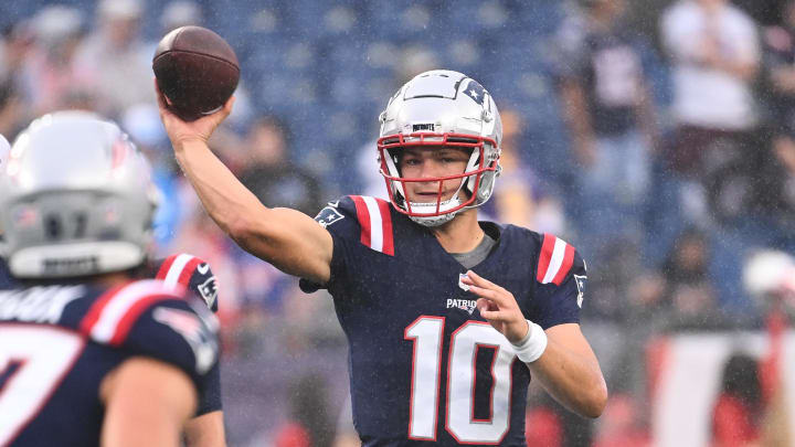 August 8, 2024; Foxborough, MA, USA;  New England Patriots quarterback Drake Maye (10) warms up before a game against the Carolina Panthers at Gillette Stadium. Mandatory Credit: Eric Canha-USA TODAY Sports