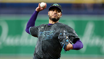 Sep 21, 2024; St. Petersburg, Florida, USA; Tampa Bay Rays pitcher Taj Bradley (45) throws a pitch against the Toronto Blue Jays in the first inning at Tropicana Field. Mandatory Credit: Nathan Ray Seebeck-Imagn Images