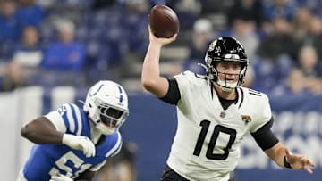 Jan 5, 2025; Indianapolis, Indiana, USA; Jacksonville Jaguars quarterback Mac Jones (10) looks to pass during a game against the Indianapolis Colts at Lucas Oil Stadium at Lucas Oil Stadium. 