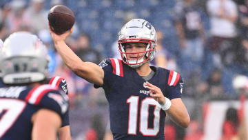 August 8, 2024; Foxborough, MA, USA;  New England Patriots quarterback Drake Maye (10) warms up before a game against the Carolina Panthers at Gillette Stadium. Mandatory Credit: Eric Canha-USA TODAY Sports