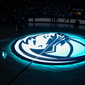 Nov 7, 2012; Dallas, TX, USA; A view of the Dallas Mavericks logo on the court before the game between the Mavericks and the Toronto Raptors at the American Airlines Center. The Mavericks defeated the Raptors. Mandatory Credit: Jerome Miron-Imagn Images