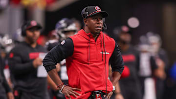 Dec 1, 2024; Atlanta, Georgia, USA; Atlanta Falcons head coach Raheem Morris on the sideline against the Los Angeles Chargers in the first quarter at Mercedes-Benz Stadium. Mandatory Credit: Brett Davis-Imagn Images
