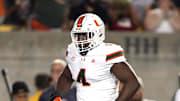 Miami Hurricanes defensive lineman Rueben Bain Jr. reacts after a tackle against the California Golden Bears.